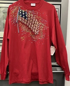 Vtg 80’s July 4th Flag Woman XL Shirt Pullover Handmade 3D Ribbon Glitter Paint - Picture 1 of 14