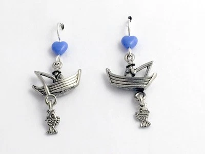 Pewter & sterling silver fisherman w/boat dangle earrings-fish, fisherwoman,  - Image 1 of 2