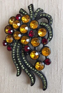 Vintage Pendant Pin Brooch Peridot Citrine Red Crystals Black Fashion Jewelry - Picture 1 of 6