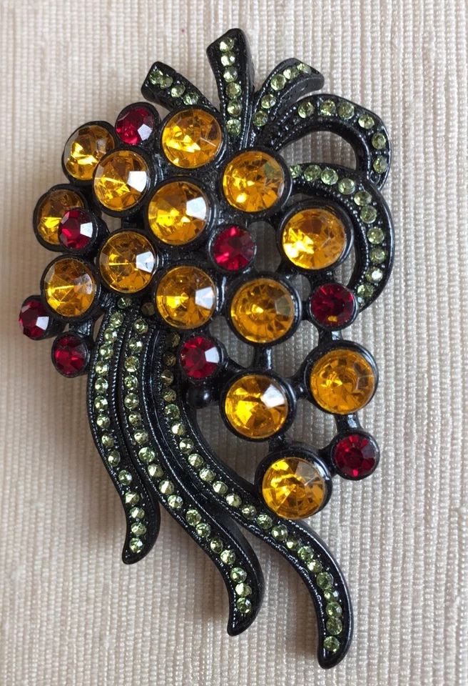 Vintage Pendant Pin Brooch Peridot Citrine Red Crystals Black Fashion Jewelry - Image 1 of 4