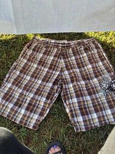 kani gold Plaid Shorts Sz 44 With Cool Design On One Leg - Picture 1 of 4