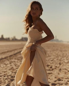 DISSH Dress Thea Cream 100% Linen Midi Summer Shirred Slit Strapless AU 8 US 4 - Picture 1 of 6