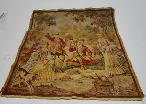 Vintage tapestry cloth baroque French picnic scene castle woven Belgium 18 x 18 - Picture 1 of 5