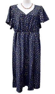 BloomChic Dark Blue Gold Circle Women's Size 1X Flutter Sleeve V-Neck Dress, NWT - Picture 1 of 8
