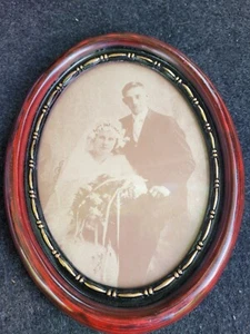 Vintage Like Wedding Couple Faux Tiger Wood Looking Oval Uplong Photo Frame 8x7" - Picture 1 of 6