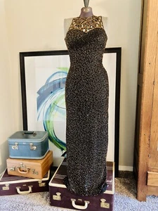 Vintage 90s Y2K SCALA Black & Gold Sequined Beaded Formal Dress Ball Gown XS/S - Picture 1 of 14
