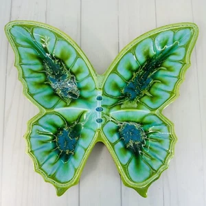 Posacenere farfalla verde artigianale tesoro retro corteccia ceramica vintage metà secolo - Foto 1 di 10