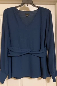 Ann Taylor Bluse Langarm Blau Größe 4 V-Ausschnitt Kunstgürtel - Bild 1 von 3