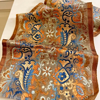 ANTIGUO RIBETE DE CINTA TEJIDO SATINADO PESADO 39" X 9" ORO METÁLICO RICO BRONCE AZUL Foto 1 de 4