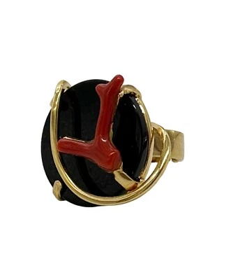 ANELLO AGATA NERA CORALLO E ARGENTO PLACCATO  - Immagine 1 di 4