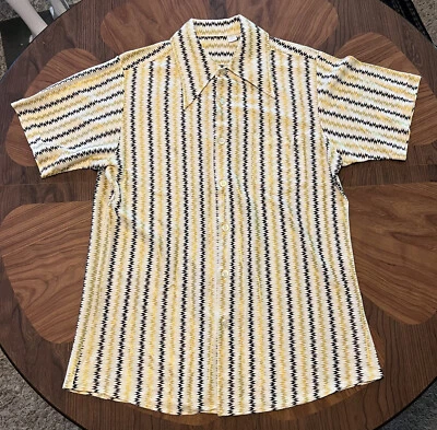 Camisa De Colección Años 70 Zig Zag Dorado Marrón Manga Corta Botón Disco Hipster Groovy L Foto 1 de 4