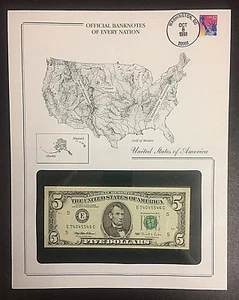 BANKNOTEN JEDER NATION USA $ 5 von 1995 in KARTE & INFO 2 SEITEN DURCHSICHT UMSCHLAG - Bild 1 von 2