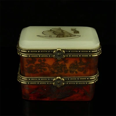 China Antiguo Joyero Blanco Jade Tallado Mini Caja Rouge Foto 1 de 4
