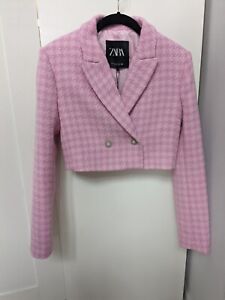 NWT Zara Pink Tweed Houndstooth Cropped Blazer/Jacket with Jewel Buttons XS