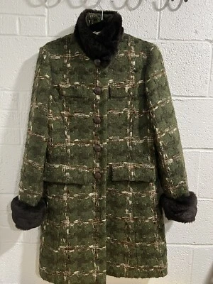 Vintage Bill Blass Green Coat Wool Blend Button Front Faux Fur Trim Sz 6 - Image 1 of 4