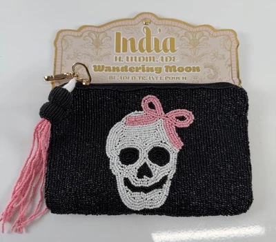 Wandering Moon Girl Skull Glass Beaded Black White Pink Goth Travel Pouch - Image 1 of 4