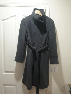 Casaco feminino Ellen Tracy ervilha com cinto tamanho 12 longo lã cinza carvão - Imagem 1 de 4