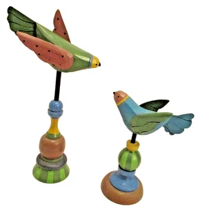 Set of 2 Hand Crafted Wooden Birds On Pedestals 10" & 7 in (SKU# 2750) - Picture 1 of 8
