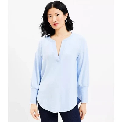 Suéter túnica gola dividida aconchegante acabamento costela tamanho M azul pulôver ajuste relaxado - Imagem 1 de 4