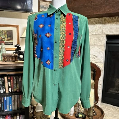 Vintage 90s Howard Wolf Button Up Shirt color block tribal pattern green Size 8 - Image 1 of 4