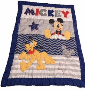 Disney Baby Mickey Mouse & Pluto Baby Blanket Quilt Blue Gray White - Picture 1 of 3