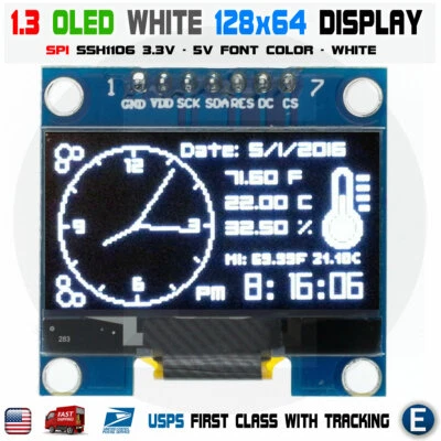1.3" SPI 128X64 LED OLED LCD Display Module Arduino White Color SSH1106 US - Image 1 of 4