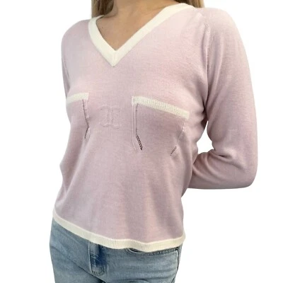 Suéter Tejido CHANEL Vintage 04C Logo CC #42 Rosa Crema Blanco Cachemira Foto 1 de 4