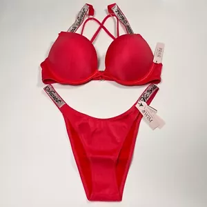 Victoria Secret 36DD L Bombshell Push Up Top Bikini Set LOGO Shine Strap Pink - Picture 1 of 14