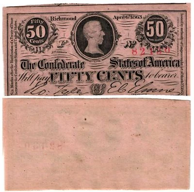 1863 50 CENT Confederate States of America JEFFERSON DAVIS T-63-486 Uncirculated - Image 1 of 3