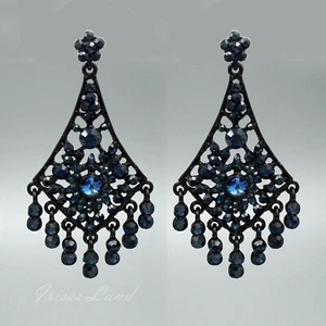 Women Dark Blue Crystal Rhinestone Long Dangle Chandelier Earrings 00134 Black - Picture 1 of 5