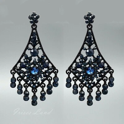 女士深蓝色水晶水钻长悬垂吊灯耳环 00134 黑色 — 第 1/4 张图片