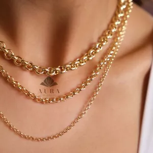 14K Gold Rolo Chain Necklace, 3mm 4.5mm 7mm Chain Necklace, Layering Man Woman - Picture 1 of 11