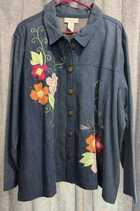 Tapestry Patch Women Plus Size 3XL Vintage Embroidered Denim Shacket Floral - Picture 1 of 8