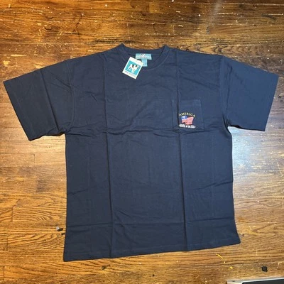 Винтажная футболка с большими собаками y2k 3XL темно-синяя карманная футболка с вышитым флагом Америка - Изображение 1 из 4