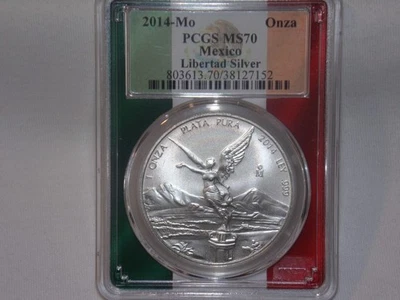 2014 MO PCGS MS70 MÉXICO 1 ONZA PLATA LIBERTAD "Bajo Pop" Bandera Etiqueta y Soporte " Foto 1 de 4