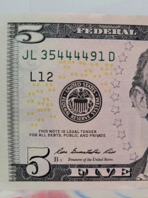 Fancy Serial Number 2009 $5 Dollar Bill 4 In A Row JL 35444491 D Circulated - Image 1 of 4