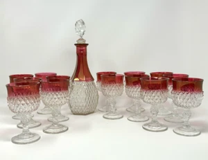 Vintage King's Crown Diamond Point Decanter and Goblets (A Set of 16 Pieces) - Picture 1 of 10