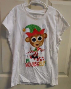Justice Girls 16 Shirt Top Christmas Holiday Shirt Short Sleeve White Monkey EUC - Picture 1 of 3