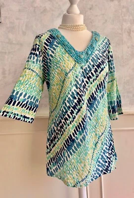 GEORGE Ana Turquoise Green Beaded Neck 100% Linen Summer Beach Blouse Top 16 - Image 1 of 4