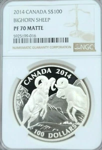 2014 CANADA SILVER 100 DOLLARS BIGHORN SHEEP NGC PF 70 MATTE SCARCE PERFECTION - Picture 1 of 4