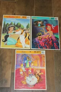 Vtg 3 Disney Golden Frame Tray Puzzles! Aladdin Beauty& The Beast Little Mermaid - Picture 1 of 4