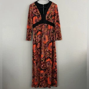 Vintage Paisley Floral Long Sleeve Maxi Dress Size 14 1960s Hippie Boho Retro - Picture 1 of 11