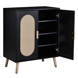 Black Accent Entryway Shoe Cabinet with Rattan Doors and Adjustable Shelves - Picture 1 of 10