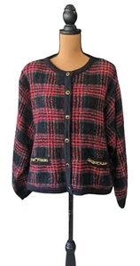 VTG Tartan Plaid Cardigan  Womens XL Wool Blend Boxy Blazer Preppy Clueless 90s - Picture 1 of 11