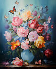 Wall Art Home Deco Still Life Flowers Butterflies Oil Painting Printed on Canvas