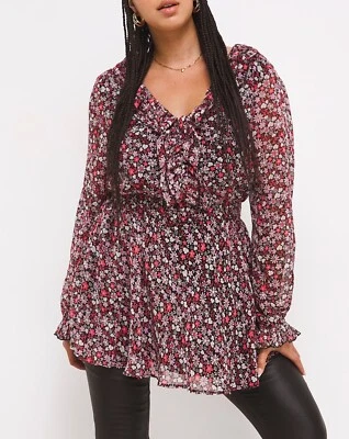 SimplyBe Smock Blouse Top BLACK FLORAL Chiffon Ruffle Front Sizes 10 to 32 - Image 1 of 4