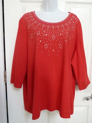 CORAL BAY MUJER Talla 1X Cuentas Navidad Vacaciones Camiseta Top Festivo Rojo Foto 1 de 4