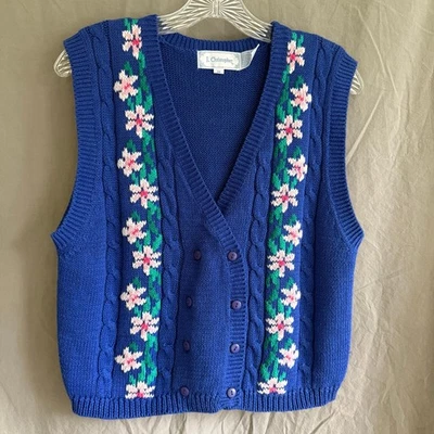 Vintage J. Christopher Sweater Vest Blue Floral Cable Knit Double-Breasted Sz M - Image 1 of 4