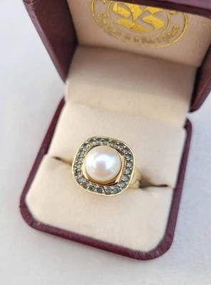 Винтажное кольцо с жемчугом и зеленым сапфиром из чистого серебра и золота с вермеем в коробке размер 7,75 - Изображение 1 из 4