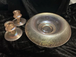 Pink Stretch, Glass Rolled Edge, Depression, Glass Bowl, And Candlesticks - Picture 1 of 16